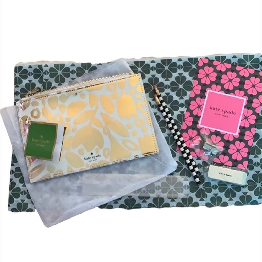 Kate Spade Graphic Golden Floral 7 Piece Pencil Pouch / Case Set.